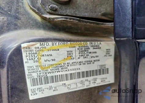 2001 Ford F150 Supercrew z USA, uszkodzony, nr VIN 1FTRW07W41KE52233